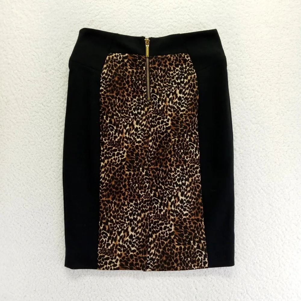 Michael Kors Pencil Skirt Leopard Print Black Gold Zip‎ Womens Size 2